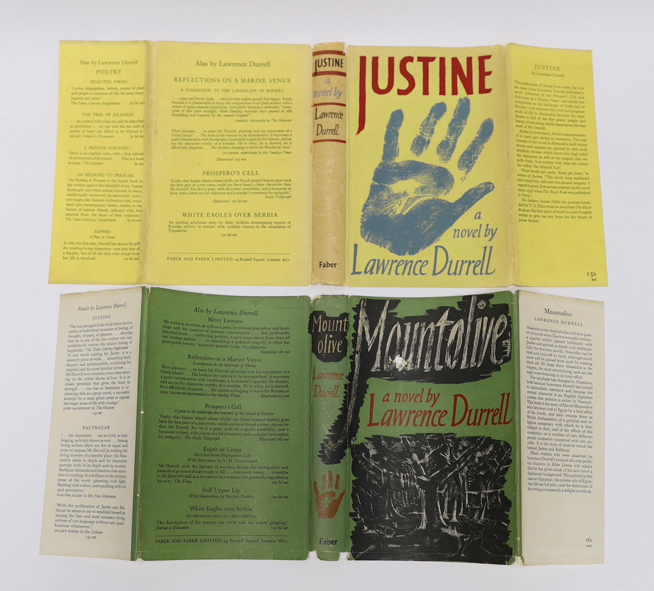 Durrell, Lawrence - 2 works [from the Alexandria Quartet] - Justine, 1st edition, original red cloth in d/j, Faber and Faber, London 1957 and Mountolive, 1st edition, original yellow cloth in d/j, Faber and Faber, London